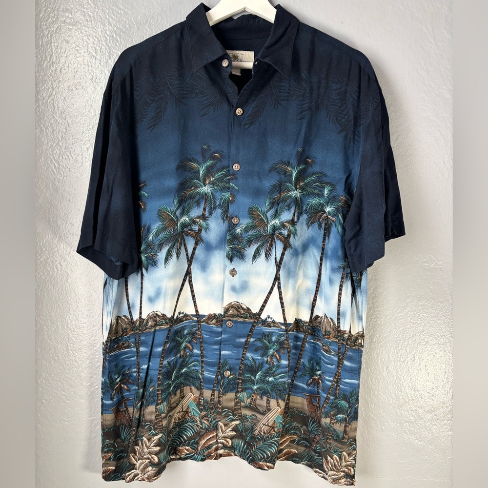 Island Shore Hawaiian‎ Shirt Size L men’s Dark Palm Tree Beach Shore vintage